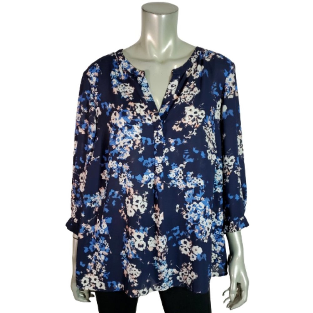 Lila Rose Womens Top Plus Size 1X High Low Semi Sheer Floral Pullover‎ Blue
